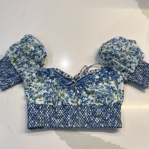 Alice + Olivia Blue Floral Puff Sleeve Crop Top